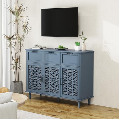 Sideboard Buffet Cabinet with Storage - Modern 3 Door 3 Drawer Farmhouse Wood Credenza for Living Room, Dining Room (Blue)