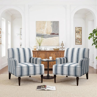 Pia Ricco Stripe Accent Chair-Modern Nailhead Trim & Wood Legs Armchair - Comfy Living Room, Bedroom, or Home Office Seating-Blue