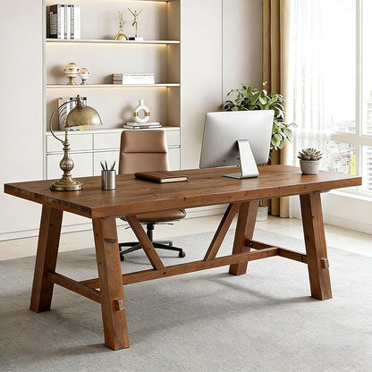 LITTLE TREE 70.87" Long Large Wood Desks, Solid Wood Office Desk, Farmhouse Executive Computer Desk, Home Office Workstaticon, Work Writing Table, Rustic Brown
