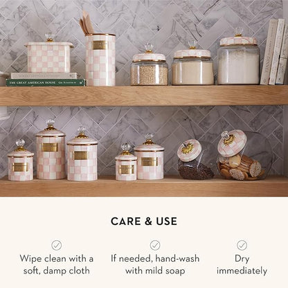 MACKENZIE-CHILDS Rosy Check Enamel Canister, Pink-and-White Kitchen Storage Container with Lid, Mini