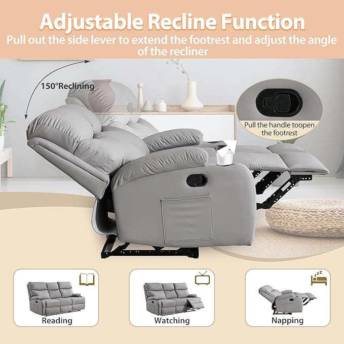 3-Seater Manual Seater Reclining Anti-Scratch 3 Seat Reclining Sofa with Side Pocket and Cupholders Reclining Loveseat Sofa for Living Room Meeting Room Bedroom Office Apartment