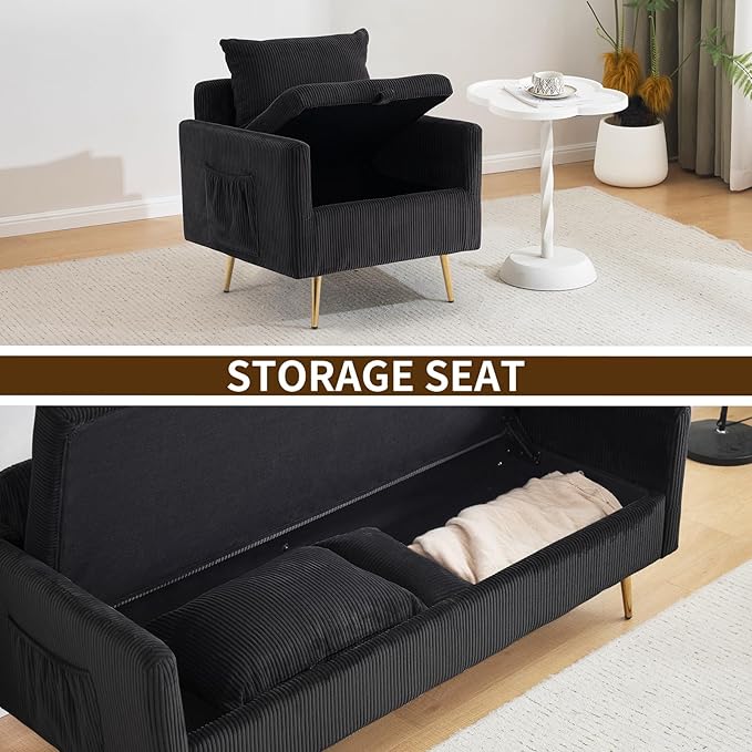 Furnimart 3-Piece Storage Sofa and Couch Set, Corduroy Loveseat with 2pc Accent Single Chairs, Small Living Room Furniture Set for Apartment, Tiny Homes and Lofts, 3PC-Black