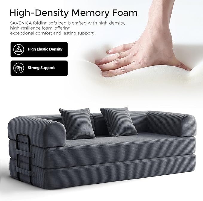 79" Convertible Sofa Bed with Fixed-Shape Frame & Removable Armrests, Modular Corduroy Sleeper Sofa, Folding Mattress Couch for Small Spaces - No Assembly Needed in Dark Gray (Includes 2 Pillows)