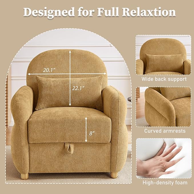 Modern Accent Chairs for Living Room, Comfy Chenille Armchairs with Storage, 33.5" W Single Reading Chairs for Bedroom, Study Room, Apartment, Tool Free Assembly, Mustard Yellow