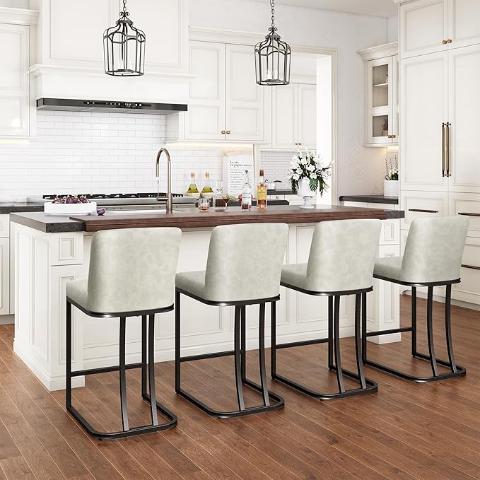 PHI VILLA Light Grey Bar Stools Set of 3, Faux Leather Counter Height Chairs, Kitchen Stools for Island, 24 Inch Barstools with Back