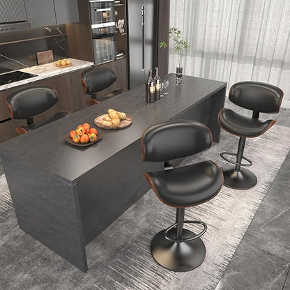 Bar Stools Set of 2, Bar Stools for Kitchen Island with Bentwood Back and Leather Seat, Swivel Barstools for Kitchen Counter, Bar, Black