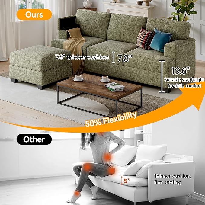 85'' L Shaped Couch with Armrest Organizer,Comfy 3 Seats Sofa with Thick Cushion,Chenille Sectional Couches for Living Room,Bedroom,Apartment,Sofa Set with Oversized Chair,Home Furniture,Green