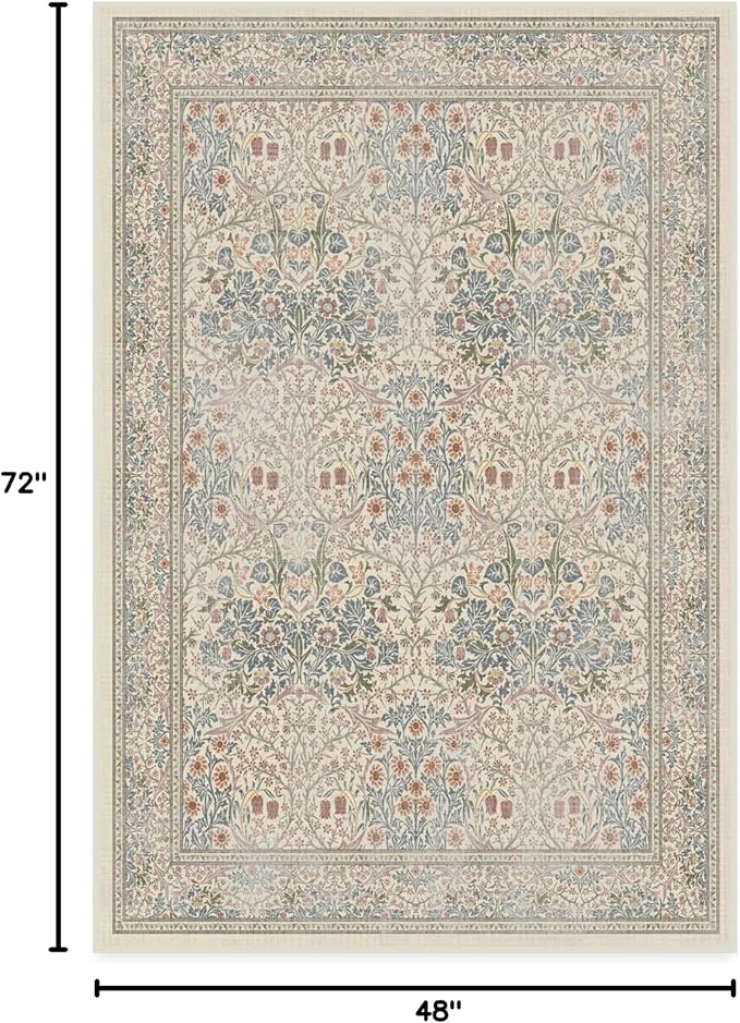 RUGGABLE x Morris & Co Washable Area Rug – Blackthorn Ivory Blue 4x6, Stain-Resistant, Non-Slip – Medium Machine Washable Rugs for Living Room, Bedroom, Hallway, Entryway & Office–with Cushioned Pad