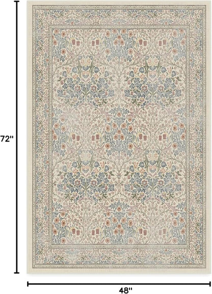 RUGGABLE x Morris & Co Washable Area Rug – Blackthorn Ivory Blue 4x6, Stain-Resistant, Non-Slip – Medium Machine Washable Rugs for Living Room, Bedroom, Hallway, Entryway & Office–with Cushioned Pad