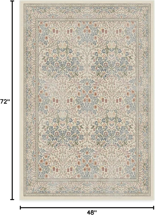 RUGGABLE x Morris & Co Washable Area Rug – Blackthorn Ivory Blue 4x6, Stain-Resistant, Non-Slip – Medium Machine Washable Rugs for Living Room, Bedroom, Hallway, Entryway & Office–with Cushioned Pad