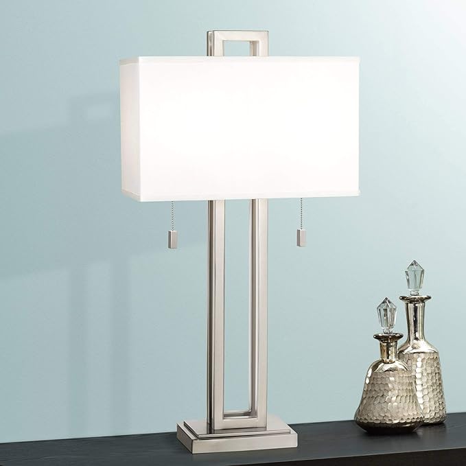 Possini Euro Design Gossard 30" Tall Rectangle Large Modern End Table Lamps Set of 2 Pull Chain Silver Brushed Nickel Finish Metal White Shade Living Room Bedroom Bedside Nightstand House Office