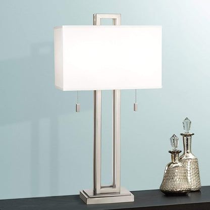 Possini Euro Design Gossard 30" Tall Rectangle Large Modern End Table Lamps Set of 2 Pull Chain Silver Brushed Nickel Finish Metal White Shade Living Room Bedroom Bedside Nightstand House Office