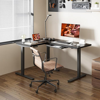 L-Shaped Standing Desk, 63 x 47 Inches Height Adjustable Desk with Storage, Sit and Stand up for Work Office Home, Ergonomic Rising Computer Table for Home Office with Splice Board, Black