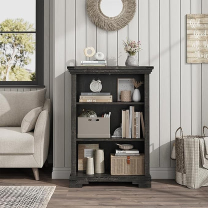 3-Tier Farmhouse Bookshelf, Book Shelf with Open Storage & One Adjustable Shelf, 9.8" D x 26" W x 38" H, Wooden Bookshelf for Study Room, Living Room, Kitchen, Bedroom (Black)