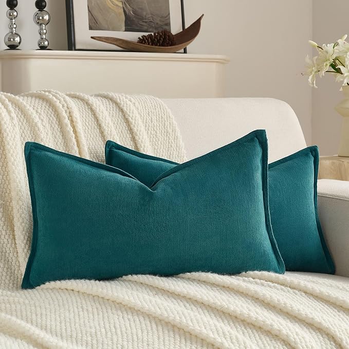 FUTEI Teal Chenille Throw Pillow Covers 12x20 Inch Set of 2,Edges Double-Stitched Lumbar Pillow Cases,Modern Home Decor for Couch Living Room