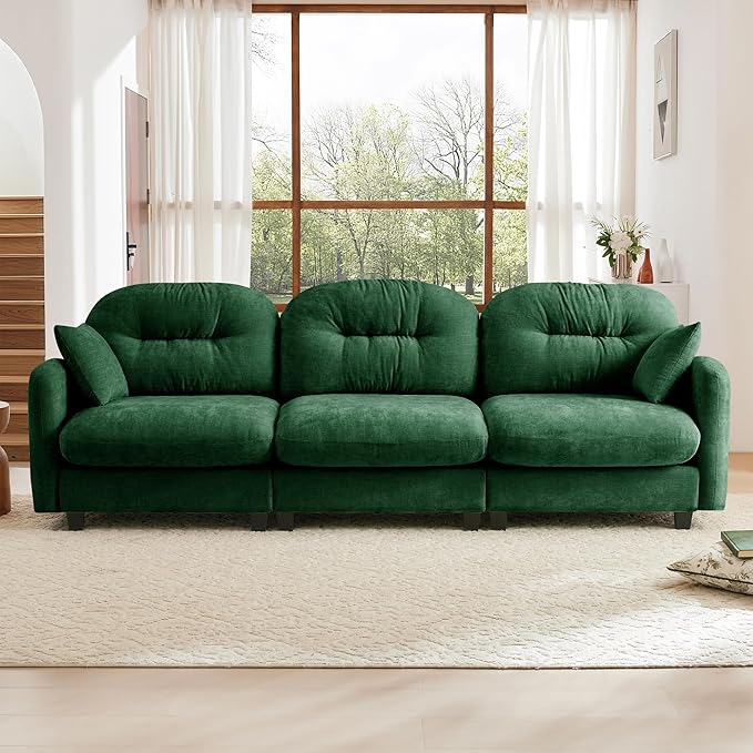 107" Sofas for Living Room, Comfy Chenille Fabric Cloud Sectional Couch, Modern Upholstered Deep Seat Sofa with Armrest Pillow, 3 Seater Couch for Small Spaces Apartment, Green
