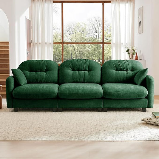 107" Sofas for Living Room, Comfy Chenille Fabric Cloud Sectional Couch, Modern Upholstered Deep Seat Sofa with Armrest Pillow, 3 Seater Couch for Small Spaces Apartment, Green