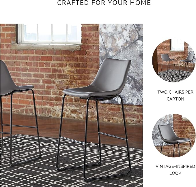 Signature Design by Ashley Centiar Modern Faux Leather 29" Pub Height Bar Stool, Set of 2, Gray