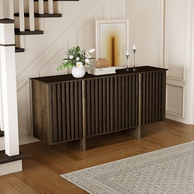 LukeAlon Fluted Sideboard Cabinet with Storage, 65" Mid-Century Modern Accent Buffet Cabinet, Wooden Credenza Cabinets for Living Room Dining Room Entryway Hallway, Walnut Color