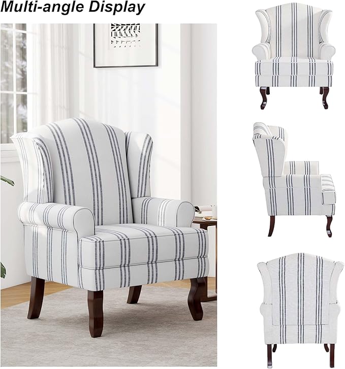 Accent Chair Set of 2, High Back Upholstered Armchair with High Resilience Sponge & Wood Legs, Mid-Century Modern Comfy Single Sofa Reading Chairs for Living Room, Bedroom-Stripe Navy
