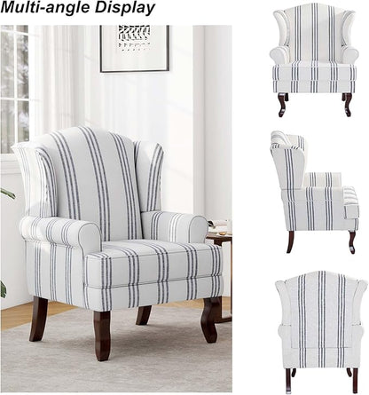 Accent Chair Set of 2, High Back Upholstered Armchair with High Resilience Sponge & Wood Legs, Mid-Century Modern Comfy Single Sofa Reading Chairs for Living Room, Bedroom-Stripe Navy