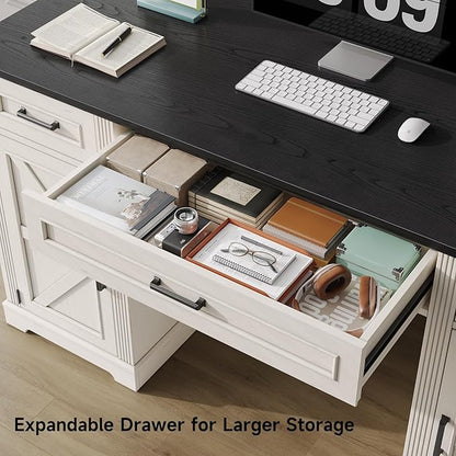 ONBRILL 59 inch Farmhouse Executive Desk with Drawers, Home Office Desk with File Cabinet, Outlets, Storage Cabinet, Keyboard Tray, Wood Computer Desk for Work Study Writing (Off White & Black)