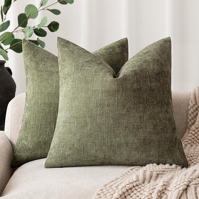 Foindtower Pack of 2 Soft Textured Chenille Throw Decorative Pillow Covers Square Accent Solid Cushion Cover Cozy Neutral Farmhouse Pillow Case for Couch Sofa Bedroom Living Room 24x24 Inch,Dark Green