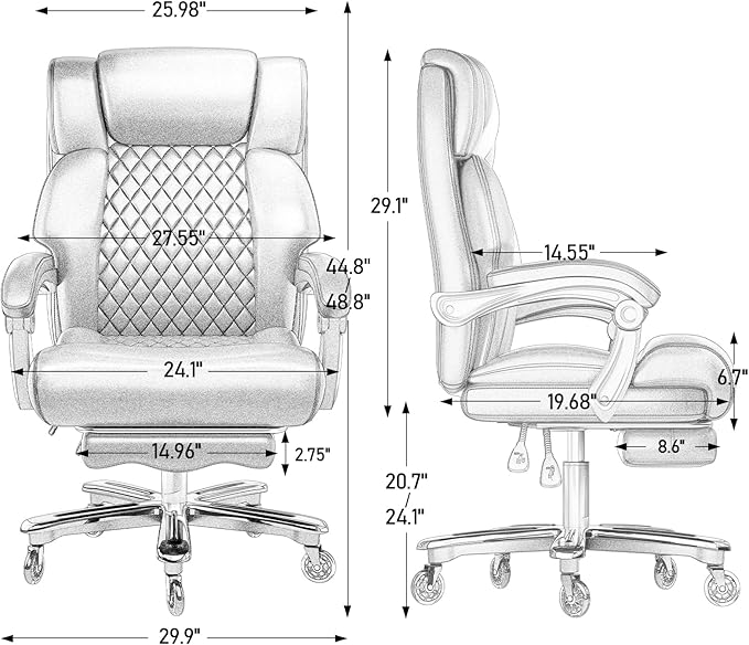 Executive Office Chair Big and Tall 700lbs Heavy Duty Metal Base Desk Chair with Footrest & Silent Rubber Wheels High Back Computer Chair for Heavy People, Thick and Wide Seat, Black