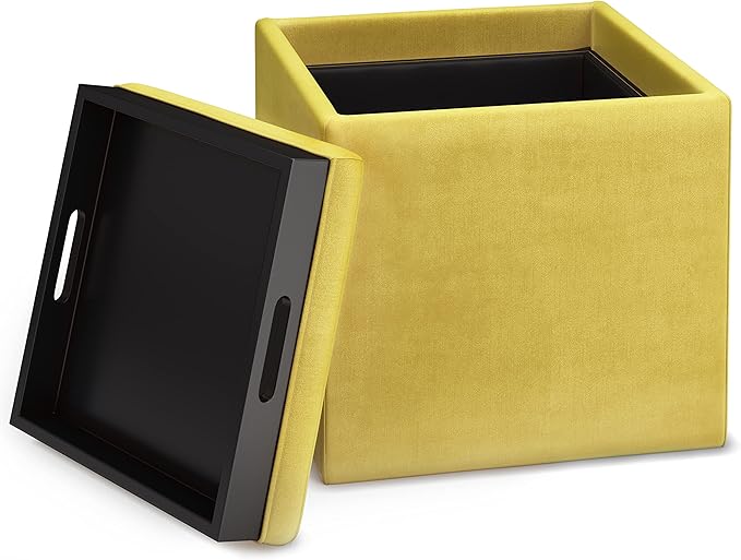 SIMPLIHOME Rockwood 18 inch Wide Contemporary Square Cube Storage Ottoman with Tray in Dijon Yellow Velvet Fabric, Assembled, For the Living Room, Entryway and Family Room