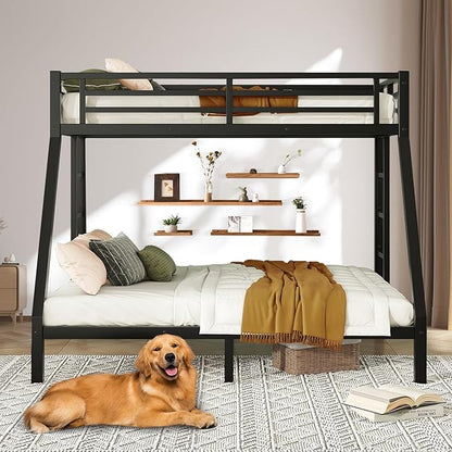 Bunk Beds Twin XL Over Queen, Heavy Duty Bunk Beds with Bottom Space & Guardrail Metal Bunk Bed Frame for Adults Teens Dorm Bedroom Guest Room, No Box Spring Needed（Black）