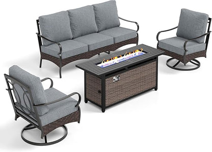 PHI VILLA Patio Furniture Set with 56" Fire Pit Table, Premium Outdoor Wicker Metal Frame Furniture with Upgraded Waterproof Thick Cushions for Porch, Poolside, Deck, and Yard （4 Pieces, Grey