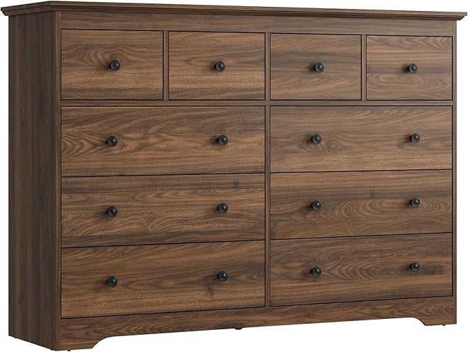 55 Inch Wide Dresser for Bedroom, 10 Drawer Dresser with Large Drawers, Thickened Top, Wood Chest for Living Room, Hallway, Walnut