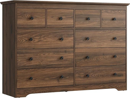55 Inch Wide Dresser for Bedroom, 10 Drawer Dresser with Large Drawers, Thickened Top, Wood Chest for Living Room, Hallway, Walnut