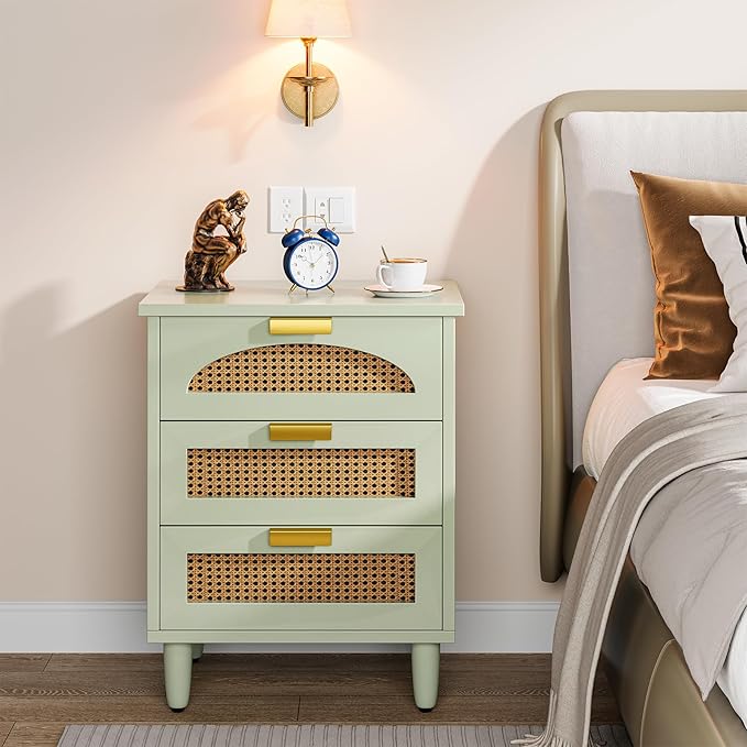 Tribesigns Mint Green Nightstand, 3-Drawer Rattan Night Stand Side Table, Accent Bedside Tables End Table for Bedroom and Small Spaces, Easy Assembly (2, Green)