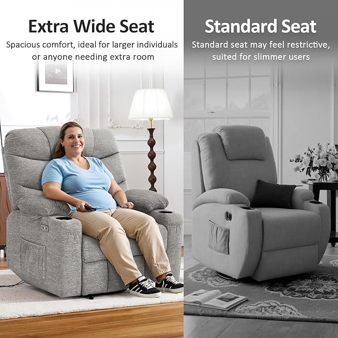 MCombo Oversized Power Lift Recliner Chair with Extended Footrest for Elderly People, Fabric R7289 (Light Grey, Medium-Oversize)