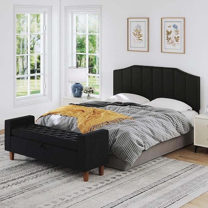 Velvet Queen Size Headboard, Upholstered Headboard Queen/Full Size Wall Mount and Bed Frame Mount, Featuring High-Density Sponge Padding Luxury Texture Easy Assembly Comfort Style-Black