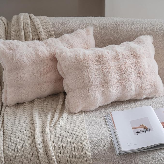 Neelvin Beige Faux Fur Cozy Soft Double-Sided Decorative Throw Pillow Covers 12x20 inch Set of 2,Velvet Pillowcase Cushion Case for Sofa Couch