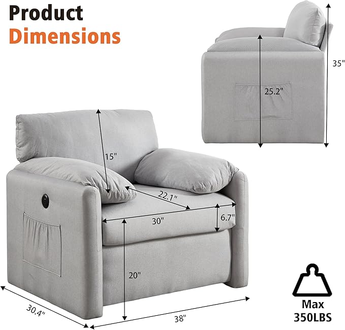 Oversized Accent Chair Mid-Century Modern Armchair for Living Room,USB and Type-C Ports,Comfy Reading Chairs for Bedroom with Side Pockets,Extra-Wide Single Sofa Chair (LightGrey, Set of 1)