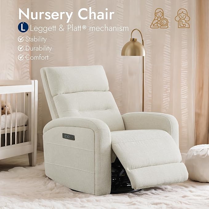 Watson & Whitely Swivel Power Recliner with Adjustable Headrest, Recliner Chairs for Adults, Small Glider Rocker for Living Room, Fabric in Linen