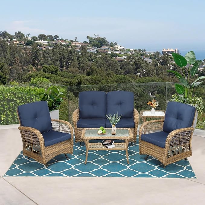 VIVIJASON 5-Piece Outdoor Patio Wicker Conversation Sets, All Weather Outdoor Rattan Furniture Set Includes Glider Loveseat, 2 Coffee Table, 2 Glider Rocker Chairs with Cushions, Navy Blue