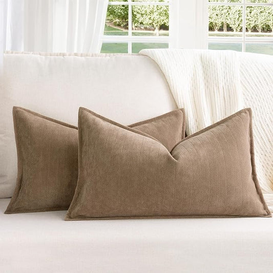ZWJD Khaki Pillow Covers 12x20 Set of 2 Chenille Throw Pillow Covers with Elegant Design Soft and Luxurious Decorative Throw Pillows for Couch, Bed, and Home Decor