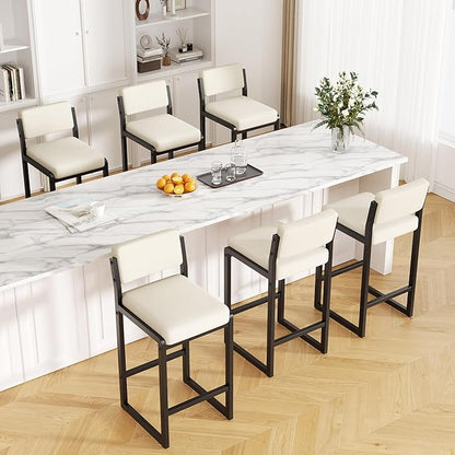 Bar Stools Set of 6, Fabric Counter Height Bar Stools with High Back and Metal Legs, Upholstered Bar Chairs, 26" Modern Barstools for Kitchen Island, Beige
