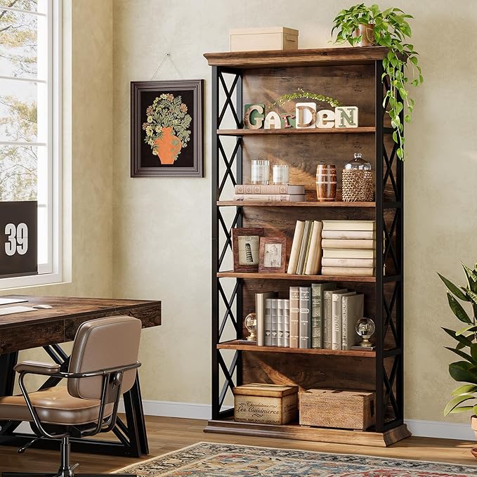 Tribesigns 71-Inch Tall Bookcase, 5-Tier Industrial Metal Bookshelf, Large Etagere Bookcases and Bookshelves, Freestanding Display Shelves for Living Room, Bedroom, Rustic Brown and Black (Set of 2)
