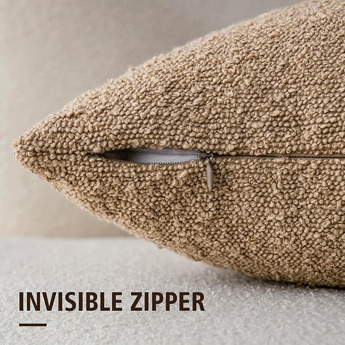Foindtower Pack of 2, Decorative Textured Boucle Throw Pillow Covers Accent Solid Pillow Cases Cozy Soft Couch Cushion Case for Chair Sofa Bedroom Living Room Home Decor 22 x 22 Inch Taupe Khaki Camel
