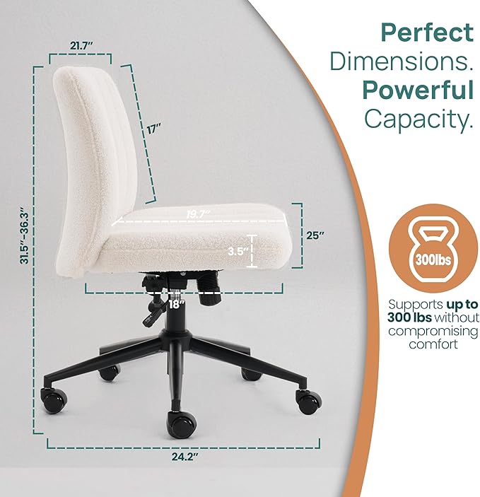 NYPOT Armless Desk Chair with Wheels for Criss Cross Sitting - Cross Legged Wide Armless Chair - Adjustable Vanity 360° Swivel Stool and 120° Rocking Wide Seat Comfy for Home and Office, White Sherpa