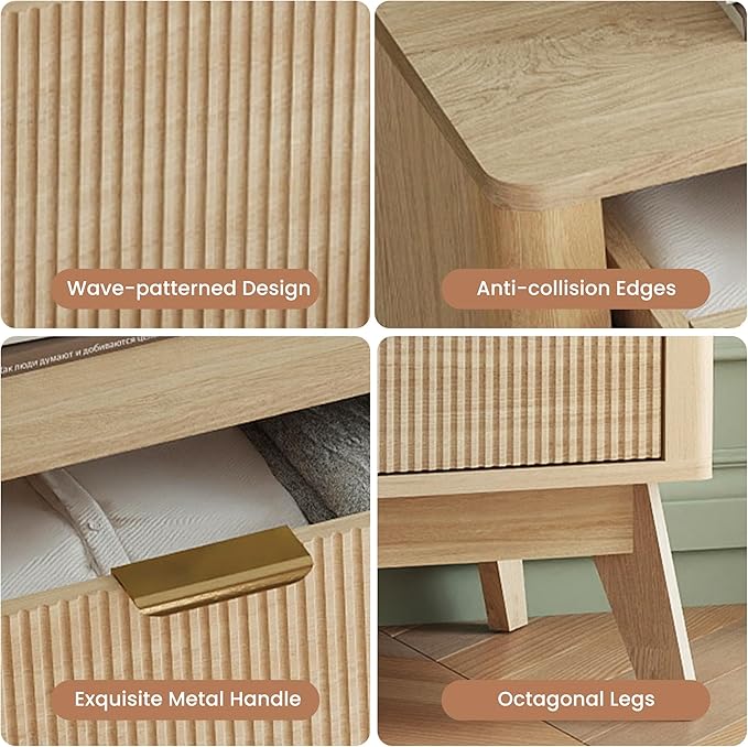 SUNWAVE Fluted 5 Drawer Dresser for Bedroom, 43.3" Tall Dressers with Round Corner, Mid-Century Modern Wood Chest for Living Room, Entry