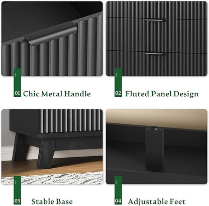 Fluted Dresser with 8 Drawers, 54" Wide Modern Chest of Drawers with Metal Handle, Wooden Dresser TV Stand, Wood Closet Clothes Storage Organizer for Bedroom, Living Room, Hallway, Solid Black