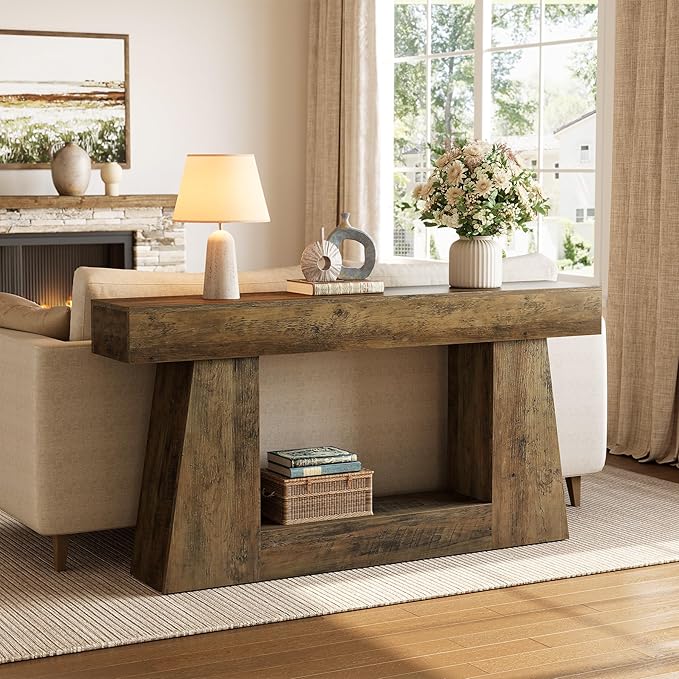 LITTLE TREE 63" Farmhouse Console Table with Storage, Rustic Sofa Table for Entryway, Narrow Long Sofa Table Behind Couch, Console Table for Living Room, Hallway—Versatile Storage Solution, Oak