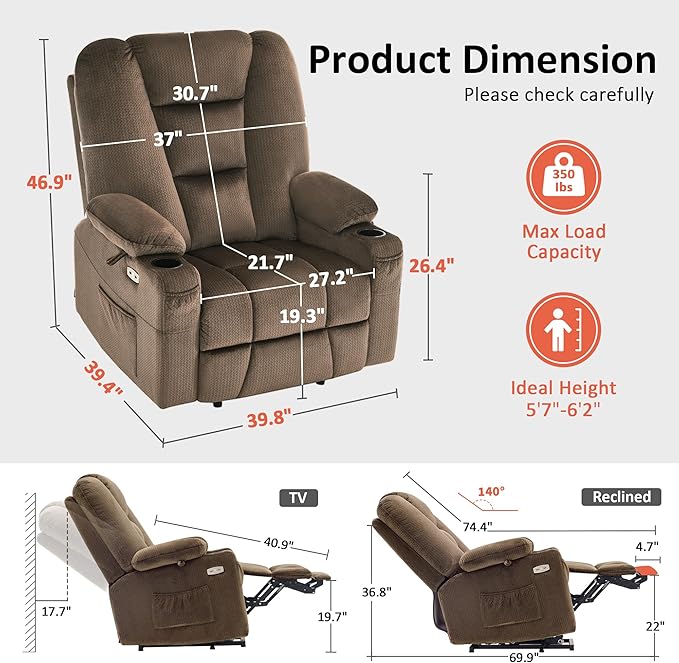 MCombo Oversized Power Lift Recliner Chair with Massage and Heat for Big and Tall Elderly People, Cup Holders, USB Ports, Side Pockets, Fabric R7541 (Brown, Large-Oversize)