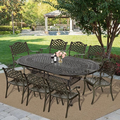 MEETWARM 9-Piece Outdoor Patio Dining Set, 8 Outdoor Dining Chairs and 1 Oval Table with 2" Umbrella Hole, All Weather Cast Aluminum Patio Funiture Set for Backyard, Garden, Patio